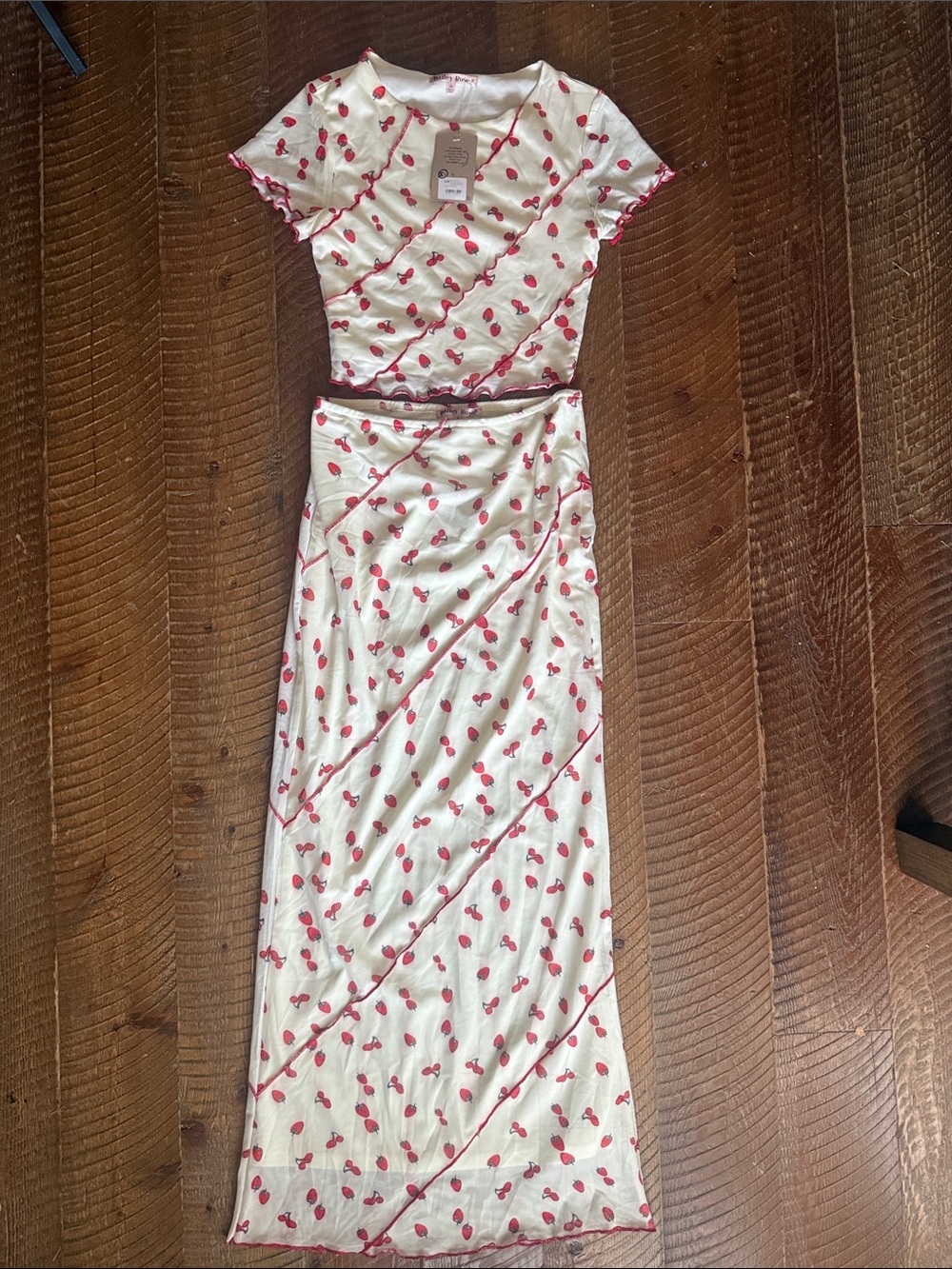 Two-Piece Cream Maxi Dress with Red Cherry Print